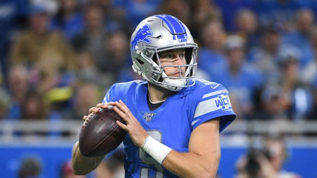 Oct 20, 2019; Detroit, MI, USA; Detroit Lions quarterback Matthew Stafford (9) drops back to pass during the second half against the Minnesota Vikings at Ford Field.